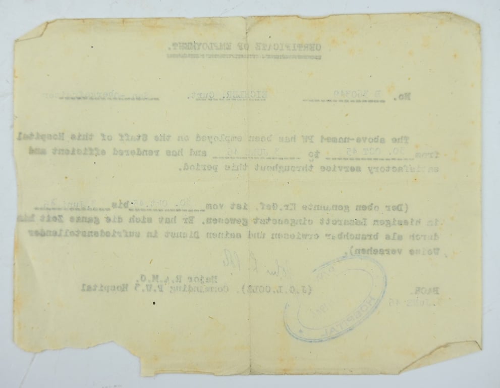 US WW2 Good Conduct Certificate POW German Medic