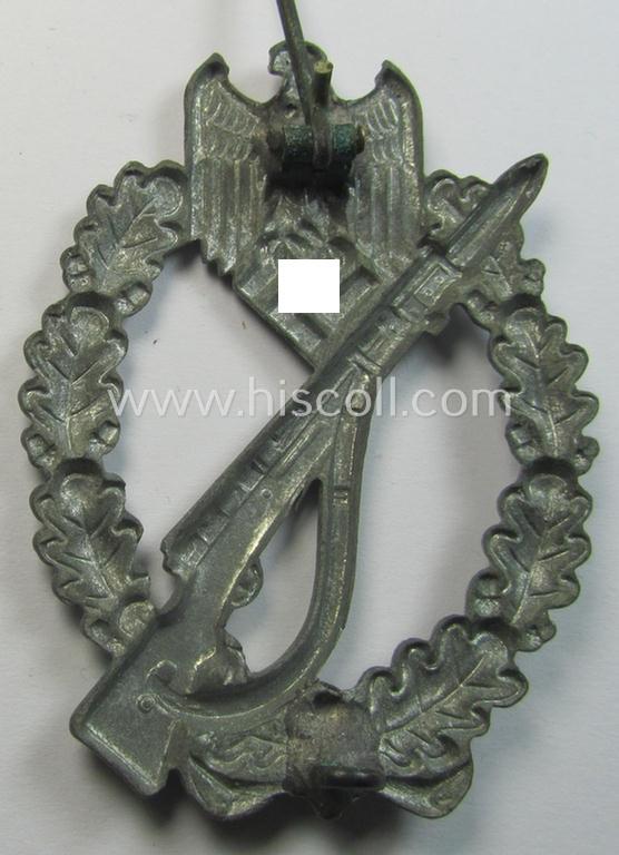 Attractive, 'Infanterie Sturmabzeichen in Silber', being an unmarked (and/or converse- ie. vaulted-) 'hollow-back' example by the maker: 'Friedrich Linden' (ie. 'F.L.L.') as executed in greyish-silver-coloured, zinc-based metal (ie. 'Feinzin...