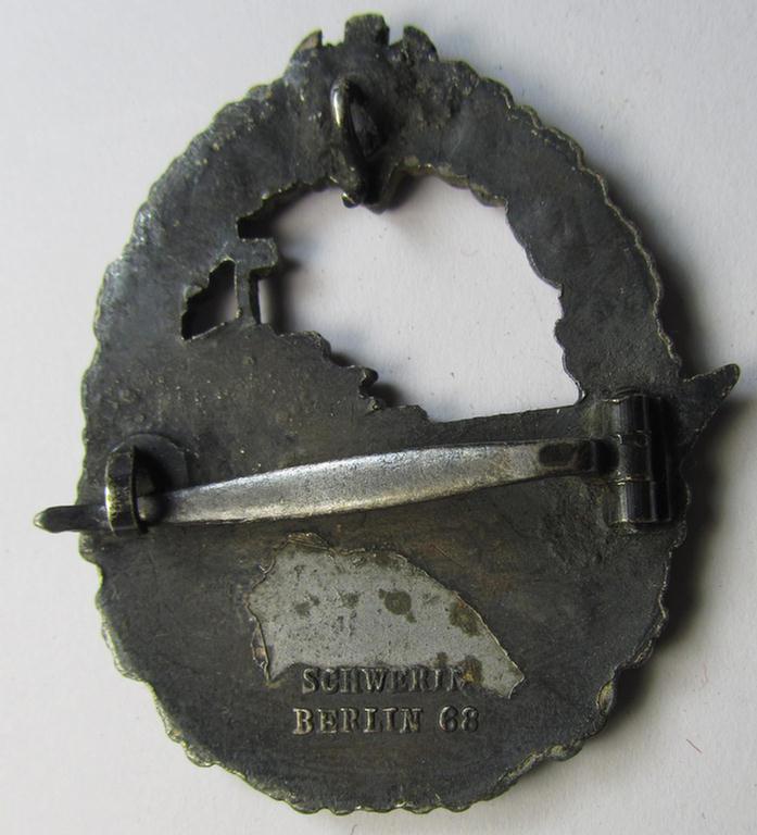 Attractive - albeit heavingly worn! - WH (Kriegsmarine) 'Zerstörerkriegsabzeichen' being a maker-marked example as executed in 'Buntmetall' (ie. 'Tombak') as was produced by the desirable maker (ie. 'Hersteller'): 'Schwerin - Berlin'