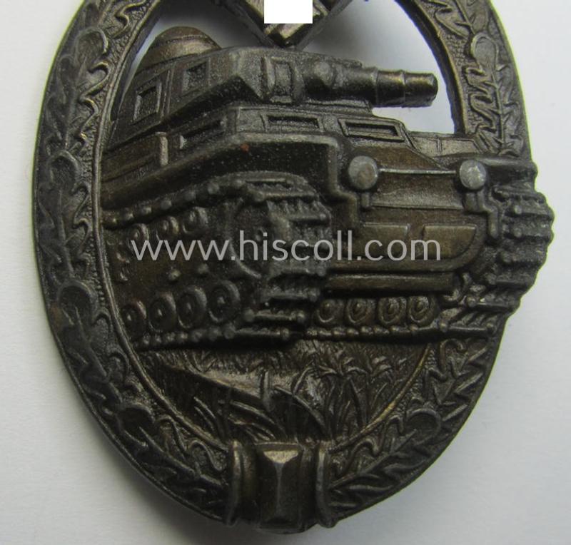'Panzerkampfabzeichen in Bronze' (or: bronze-class panzer-assault badge or PAB) being a clearly maker- (ie. 'AS'-) marked- and/or zinc- (ie. 'Feinzink'-) based specimen, as was procuced by the: 'Adolf Scholze'- (ie. 'A.S.'-) company