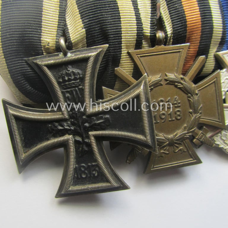 3-pieced, 'WWI'- (ie. TR-) related medal-bar (ie. 'Ordenspange') resp. depicting a WWI-period: 'EK II.Kl.', a: 'FKK 1914-18' and a: 'TD-Ez. der 2. Kl.'