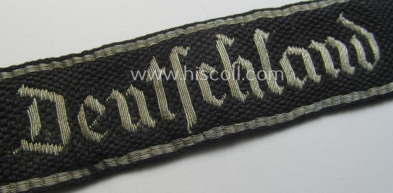 Relic- (ie. clearly shortened), Waffen-SS officers-type cuff-title (ie. 'Ärmelstreifen') as executed in flat-wire 'BeVo'-weave-pattern (in Gothic-styled script!) for an officer in the: SS-Rgt. 'Deutschland' (2. SS-Pz.-Div. “Das Reich”)