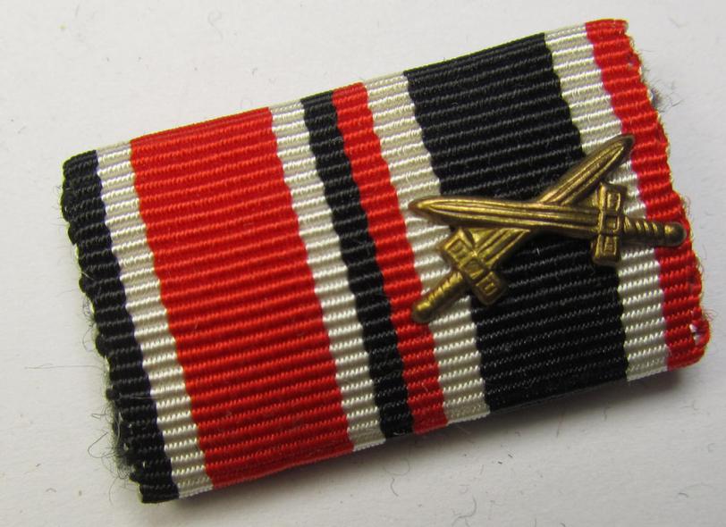 Two-pieced-, WH (Heeres, LW, KM etc.) medal-bar (ie. 'Band- o. Feldspange') showing respecively the ribbons for an: 'Eisernes Kreuz II. Klasse' and a: 'KVK II. Klasse mit Schwerter'