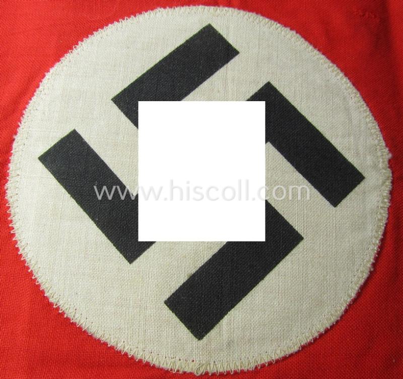 'Patriotic-styled'- and nicely constructed! - white- and red-coloured N.S.D.A.P.-related vehicle- ie. bicycle-flag (ie. 'Fahrrad-Fahne') depicting a double-sided (printed-styled) woven swastika-patch
