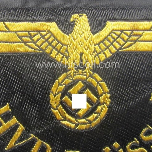 RB- ('Reichsbahn'-) related arm-eagle as executed in 'BeVo'-weave style as was intended for an official of the: 'Deutsche Reichsbahn' ie. the 'RBD Brüssel' (or: 'Reichsbahndirektion Brüssel')