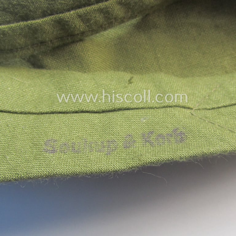 WH (Heeres) 'standard-issue'-pattern, tropical-issued, greenish-coloured and/or typical linnen-based tie ('Krawatte') being a maker (ie. 'Schlup & Korb-') marked example that comes in a still 'virtually mint' condition