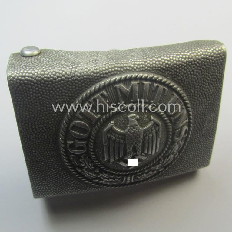 Truly used and/or worn, WH (Heeres) aluminium-based belt-buckle (ie. 'Koppelschloss für Uffz. u. Mannschaften des Heeres') being a maker- (ie. 'GB' or: 'Gustav Brehmer'-) marked example