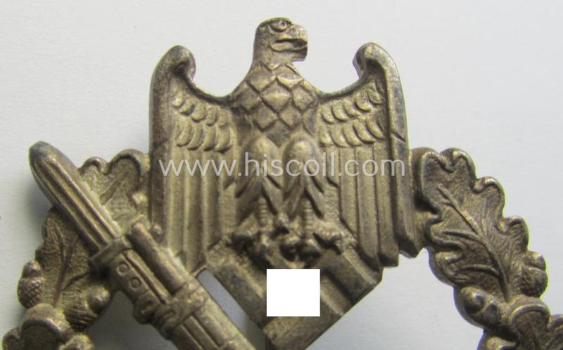 Attractive, 'Infanterie-Sturmabzeichen in Silber' (or: silver-class infantry-assault badge ie. IAB) being a neatly maker- (ie. 'C.W'- or: 'Carl Wild'-) marked example as executed in truly 'frosted', silverish-coloured 'Feinzink'
