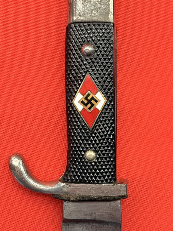 WW2 GERMAN HITLER YOUTH KNIFE RZM STAMPED M7/60 FOR RARE MAKER GUSTAV L. KOLLER NACHFOLGER WITH THE UNSTIPPLED HJ EMBLEMED DIAMOND