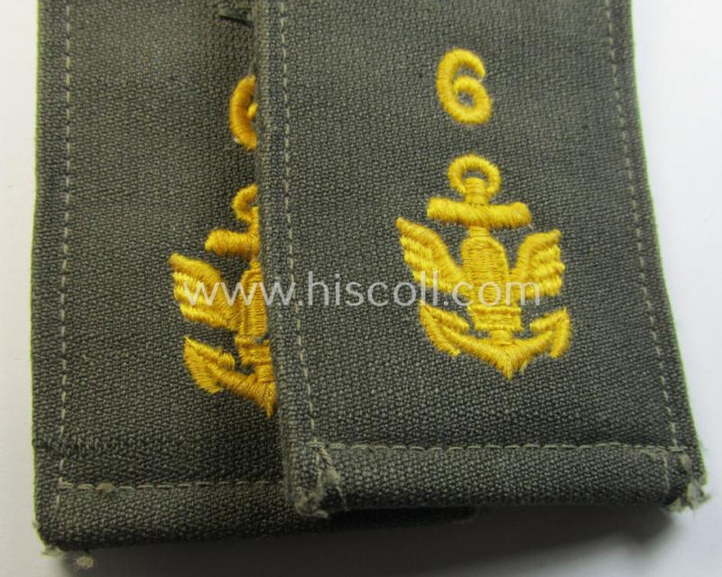 Superb - and fully matching! - pair of 'cyphered'- (and early- ie. pre-war-period) WH (Kriegsmarine) EM-type shoulderstraps as constructed from HBT-like material as was intended for usage by a: 'Soldat des Küsten-Artillerie-Abteilungs 6'