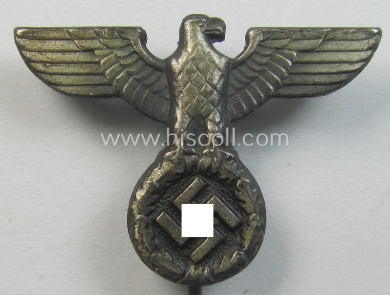 Silverish-grey-coloured - and truly very detailed! - so-called: 'N.S.D.A.P.'-supporter- (ie. membership-) lapel-pin (ie. 'tie'-pin) being a clearly maker- (ie. 'RzM - M1/72'-) marked example showing a pronounced: 'Reichsadler'-device
