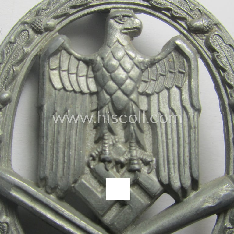Attractive - and not that easily found! - 'Allgemeines Sturmabzeichen' (or: General Assault Badge ie. GAB), being a neat zinc- (ie. 'Feinzink'-) a maker- (ie. 'A'-marked-) example as was procuced by the: 'Assmann'- company