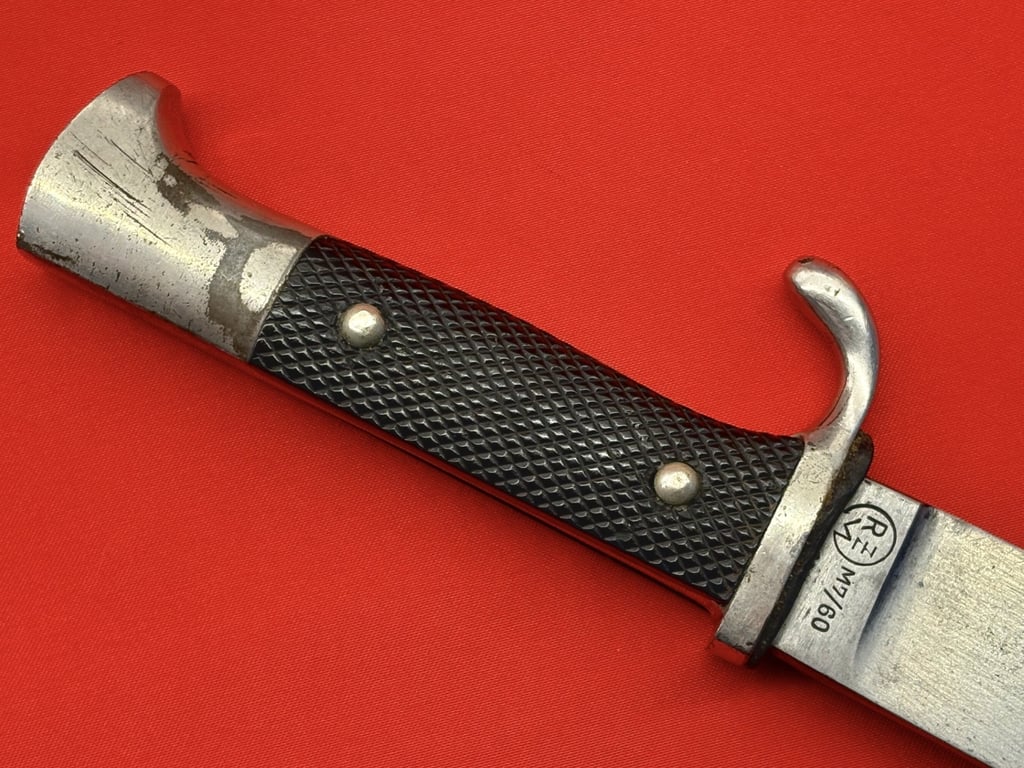 WW2 GERMAN HITLER YOUTH KNIFE RZM STAMPED M7/60 FOR RARE MAKER GUSTAV L. KOLLER NACHFOLGER WITH THE UNSTIPPLED HJ EMBLEMED DIAMOND