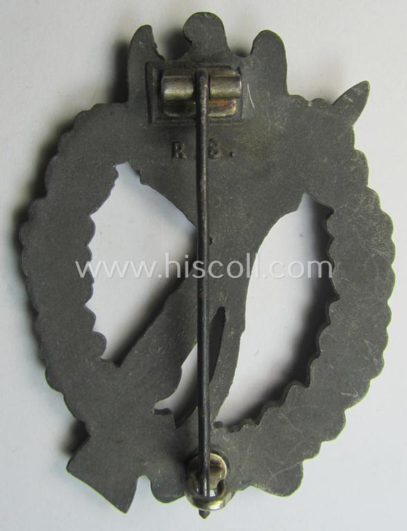 Neat, 'variant'-pattern, zinc- (ie. 'Feinzink'-) based example of an: 'Infanterie-Sturmabzeichen in Silber' being a maker- (ie. 'R.S.'-) marked example as produced by the Austrian maker (ie. 'Hersteller') 'Rudolf Souval' based in Wien (Vi...