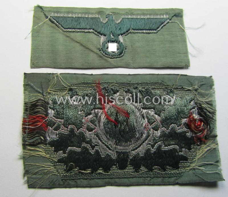 Superb, WH (Heeres) officers'-type cap-eagle and dito cocarde (both executed in so-called: 'flat-wire'- ie. 'BeVo'-weave pattern) as was specifically intended for usage on the: WH 'Knautschmützen' ie. 'Alter-art'-visor-caps (ie. 'Schirmmütz...