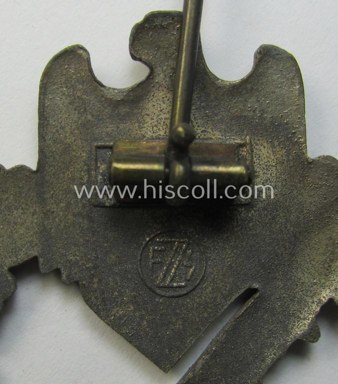 Zinc- (ie. 'Feinzink'-) based, 'Infanterie-Sturmabzeichen in Silber' being a maker- (ie. 'FZZ'-) marked example as being produced by the: 'Fritz Zimmermann'-company