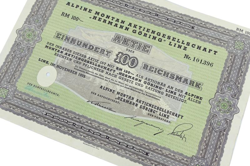 German Third Reich Certificate Alpine Montan AG "Hermann Göring" Linz