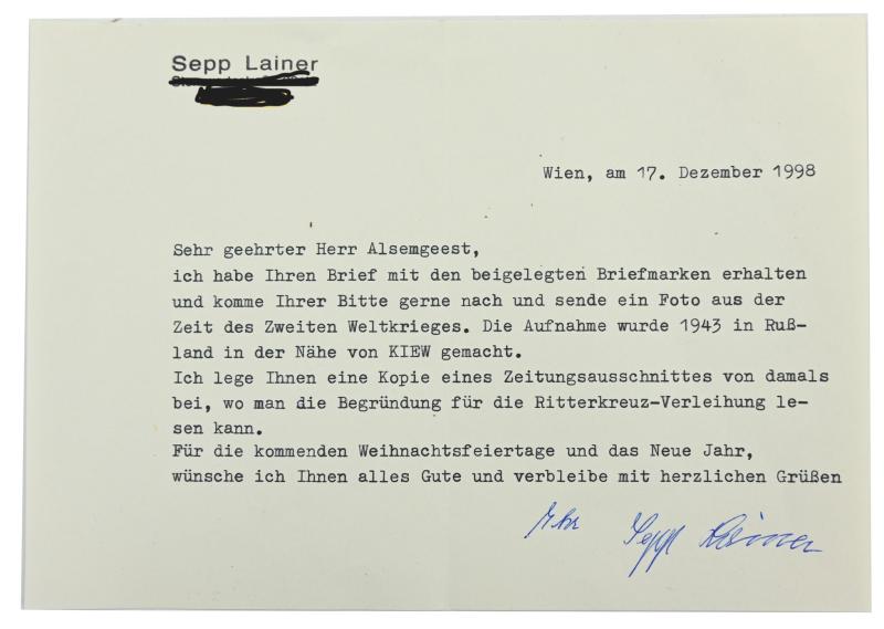 Signature of Waffen-SS KC Recipient 'Sepp Lainer'
