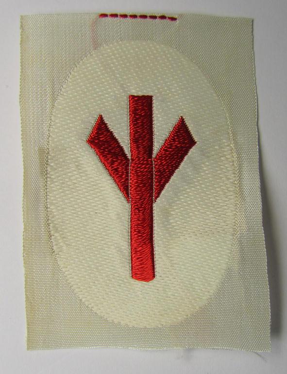 HJ/BDM (ie. 'Hitlerjugend'/'Bund Deutscher Mädel') trade- or specialist armbadge as executed in neat 'BeVo'-weave pattern, as was intended for usage by a: 'Feldscher' (or: medical orderly) still retaining its 'RzM'-etiket