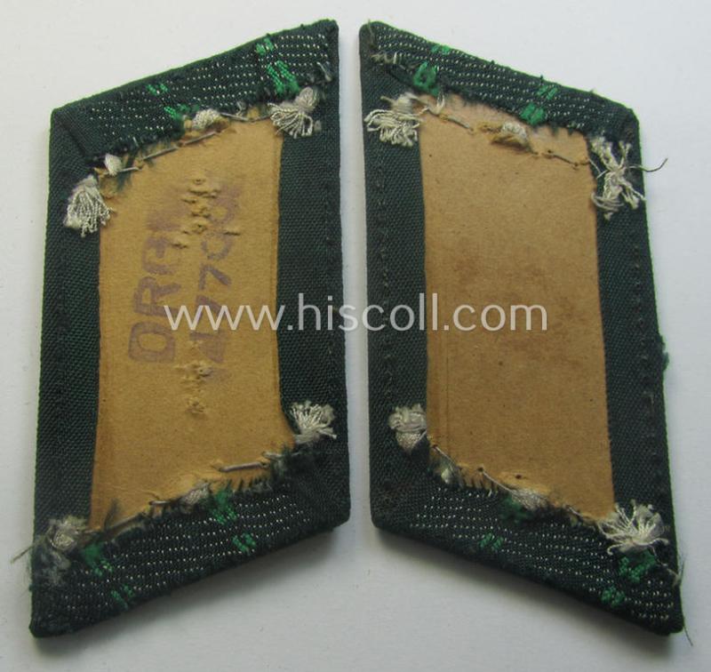 Minimally used pair of WH (Heeres) (later-war-pattern) officers'-type collar-tabs (ie. 'Kragenspiegel für Offiziere') as executed in 'BeVo'-weave pattern as was intended for an officer serving within the: 'Jäger- o. Gebirgsjäger-Trpn.'