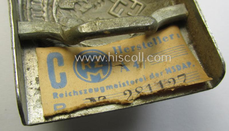 Attractive, HJ (ie. 'Hitlerjugend') silver-coloured- (ie. typically steel-based and 'crank-catch-variant'-pattern) belt-buckle being a neatly maker- (ie. 'RzM M4/42'-) marked example that comes in a just moderately used- ie. worn condition, as...
