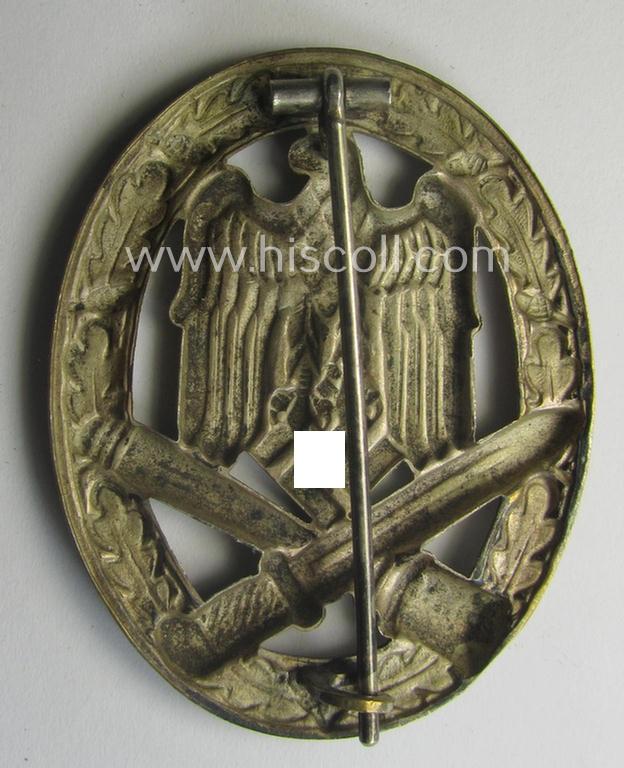 Attractive - and moderately used- ie. worn! - 'Allgemeines Sturmabzeichen' (or: General Assault Badge ie. GAB) being a (typical) unmarked 'Buntmetall'-based and/or scarcely seen 'hollow-back'-version as produced by the: 'Otto Schickle'-compan...
