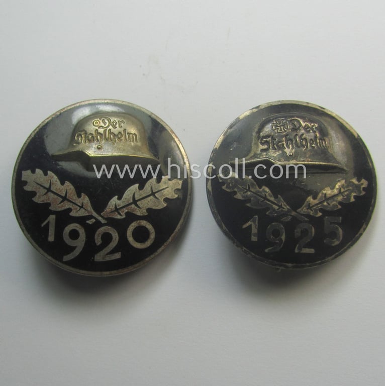 Superb, larger-sized(!), enamelled lapel-pin: 'Der Stahlhelm' - Bund der Frontsoldaten (Sta) - Eintrittsabzeichen 1920' being a period-engraved example that comes in an overall very nicely preserved condition