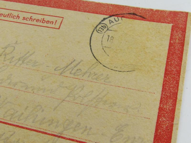 Sign of Life Card from Augsburg, Dated 1945