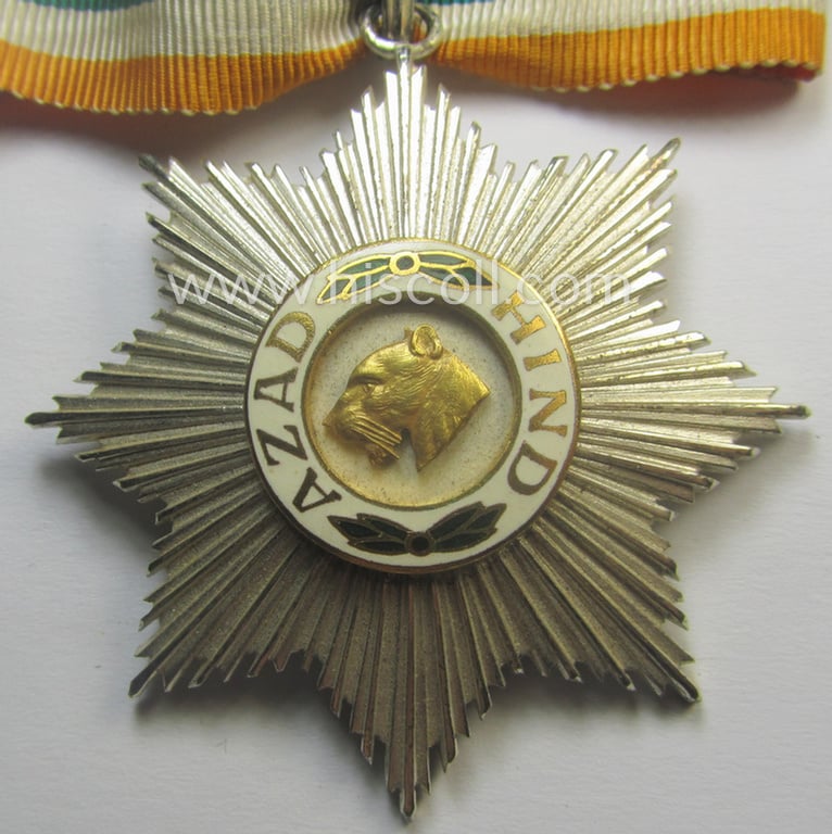 Superb, 'Halskreuz o. Großstern 1. Kl. des Orden Azad Hind' being a non-maker-marked example that comes mounted onto its original ribbon (ie. 'Bandabschnitt') and that comes stored in its typical, beige-white-coloured etui