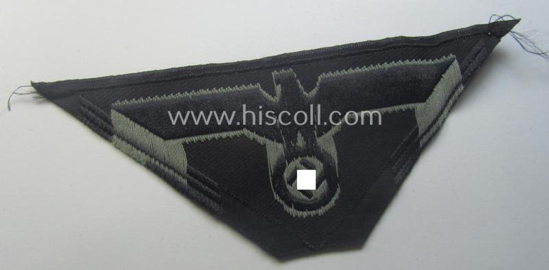 Later-war-period, WH (Heeres) - ie. 'Panzer'-related, so-called: 'M44'-pattern, trapezoid-shaped breasteagle being a greyish-coloured example as executed in the 'BeVo'-weave pattern on a black-coloured background