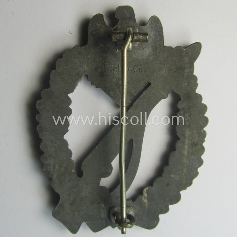 'Infanterie Sturmabzeichen in Silber' (or: silber-class infantry assault-badge ie. IAB) being a maker- (ie. 'S.H.u.C.o. 41'-) marked example as executed in bronze-toned, zinc-based metal (ie. 'Feinzink')