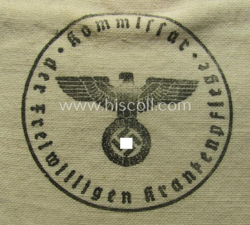 WH (Heeres) related, linnen-based- and/or neatly 'machine-embroidered', beige-white-coloured DRK- (ie. 'Deutsches Rotes Kreuz'-) armband (ie. 'Armbinde') as was intended for the staff-members serving as medical orderly