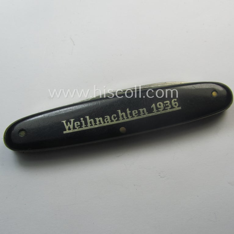 Interesting, (pre-) WWII-period, WH (Heeres) 'souvenir-item' (ie. tiny pocket-knife) showing on one side (the silver-inlayed) text: 'Weihnachten 1936' and on the other side: '8.(M.G.)/Komp.Inf.Regt. 61 - München'