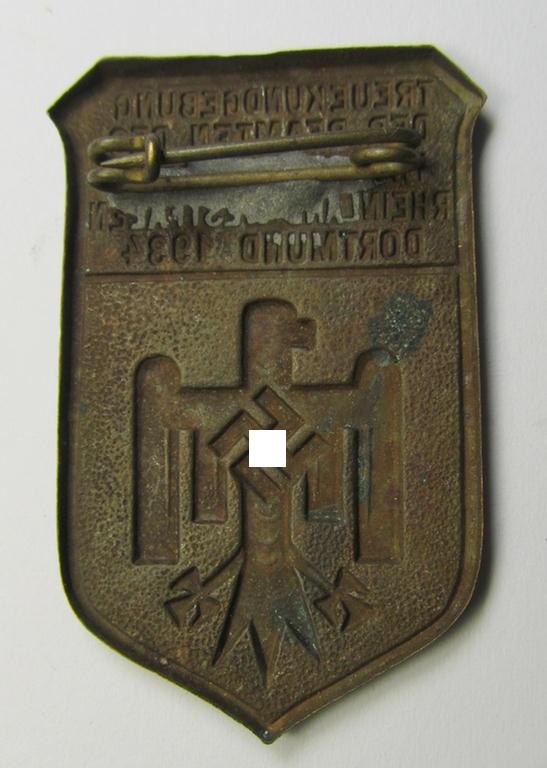 Copper-based, 'Beamten-Bund'-related day-badge (ie. 'tinnie'), as was issued to commemorate a gathering ie. rally entitled: 'Treuekundgebung der Beambten des Industriegebiets Rheinland-Westfalen - Dortmund 1934'
