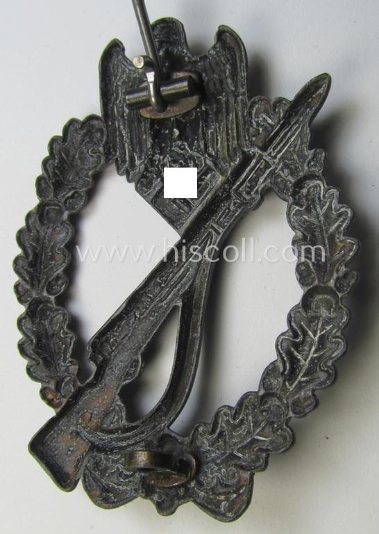 Superb, 'Infanterie Sturmabzeichen in Bronze' being a maker-marked (and/or very converse- ie. vaulted-) 'hollow-back' example by the maker: 'Friedrich Linden' (ie. 'F.L.L.') as was executed in bronze-coloured, zinc-based metal (ie. 'Feinzink...