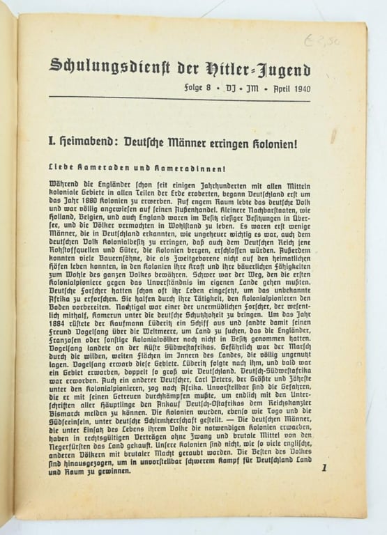 German Hitler Youth Booklet 'Kaempfer um Deutschlands  Kolonien'