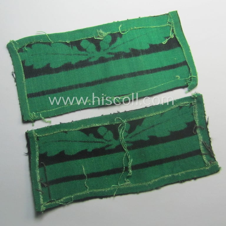 Moderately used - and fully matching! - pair of officers'-pattern, WH (Heeres o. Waffen-SS) rank-insignia-bars (for usage on the camouflaged-uniforms) as used by an officer holding the rank of: 'Oberleutnant' (ie.: 'SS-Obersturmführer')
