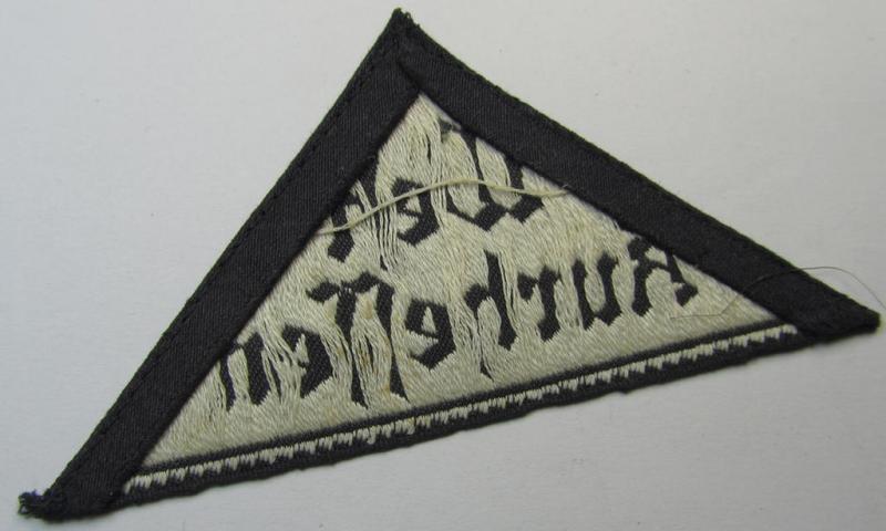 Attractive - and actually rarely seen! - HJ/BDM (ie. 'Hitlerjugend' or: 'Bund Deutsche Mädel') district-triangle (ie. 'Gebietsdreieck') entitled: 'West Kurhessen' (being a 'virtually mint' example that has lost its once present 'RzM-etiket...