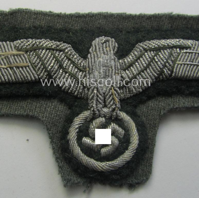 Attractive - and 'cut-out of a tunic'! - WH (Heeres) officers'-type, hand-embroidered breast-eagle (ie. 'Brustadler für Offiziere') as was executed in bright-silverish-coloured braid as was intended for usage on the various officers'-pattern tu...