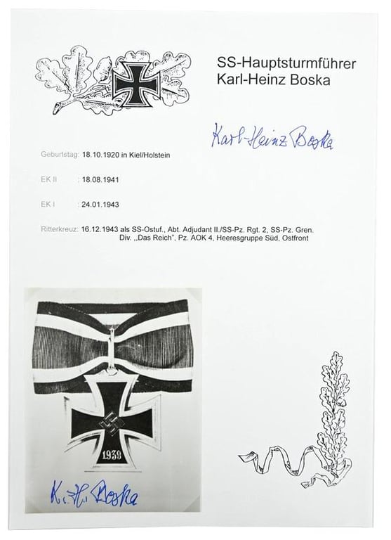 Signature of Waffen-SS KC Recipient 'Karl-Heinz Boska'