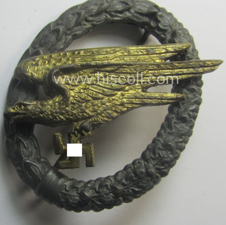 Superb, zinc- (ie. 'Feinzink'-) based version of a WH (Luftwaffe) 'Fallschirmschützen-Abzeichen' (being a non-maker-marked, 'Type G'-pattern example as was produced by the: 'C.E. Juncker'-company)