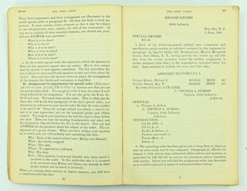 US WW2 Technical Manual 'The Army Clerk' TM 12-252