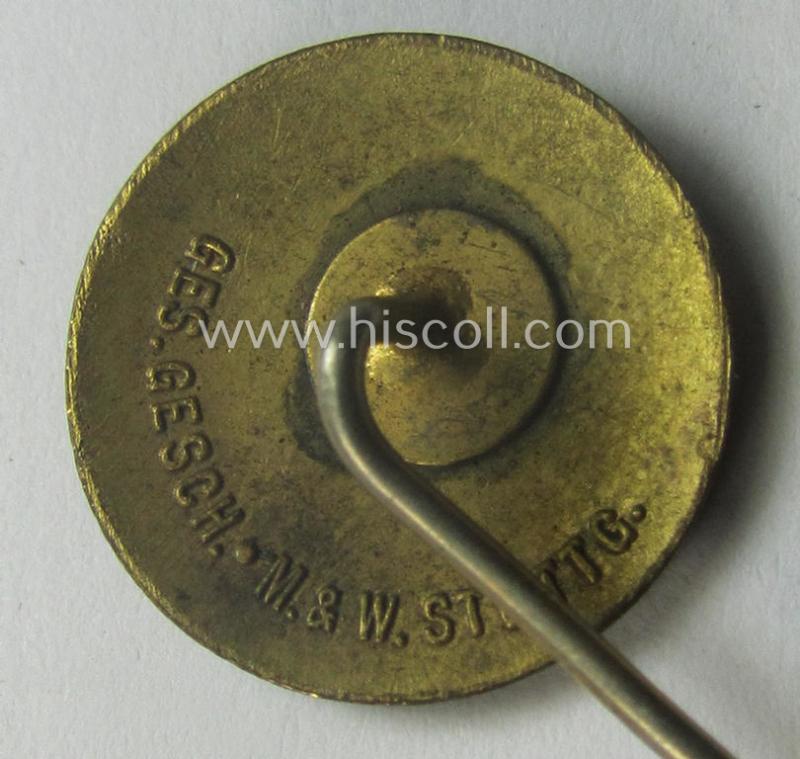 Membership-lapel-pin as was intended to signify membership within the: 'Deutsche Glaubensbewegung' (ie. 'DG') being a maker- (ie. 'M.&W. - Stuttg.') marked example that bears a: 'Ges.Gesch.'-patent-pending-designation