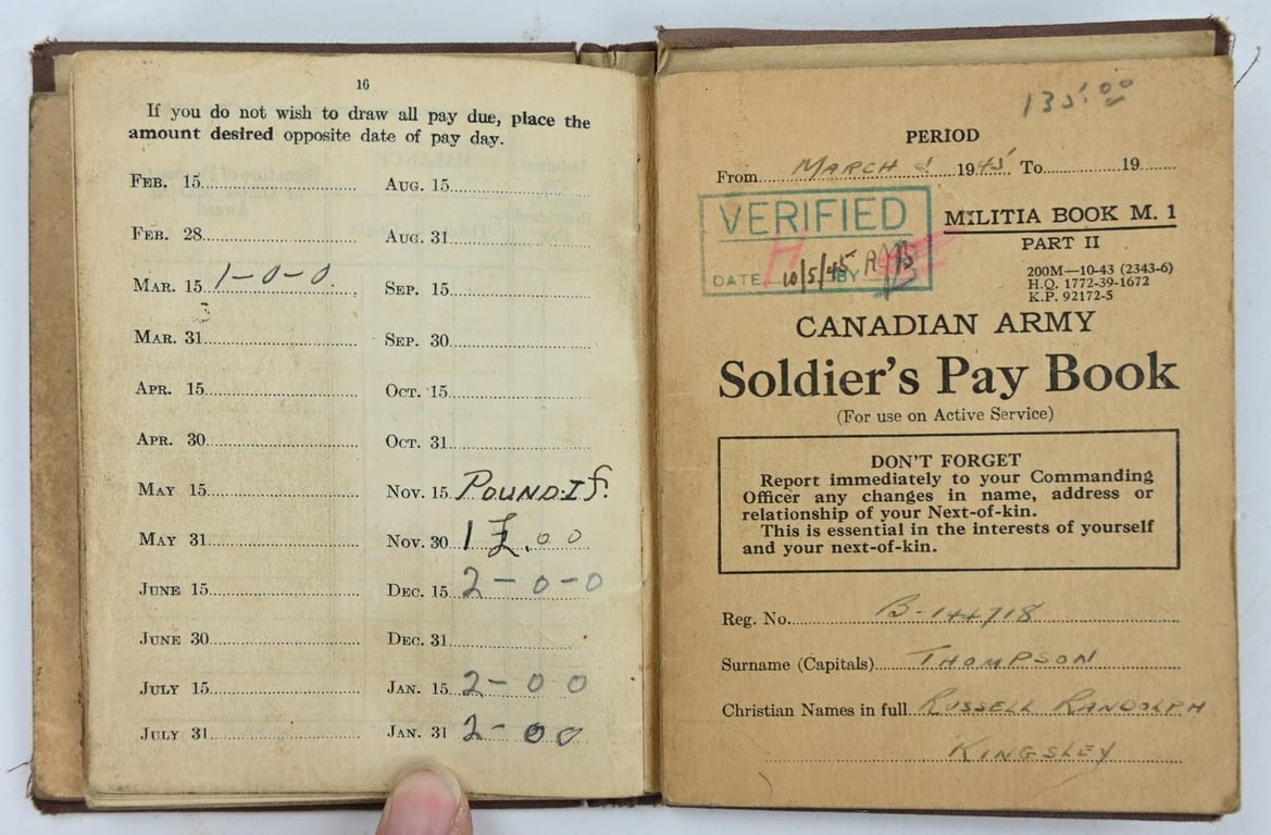 Canadian WW2 Service Book 'Russell Thompson' Canadian Queens Own Rifles