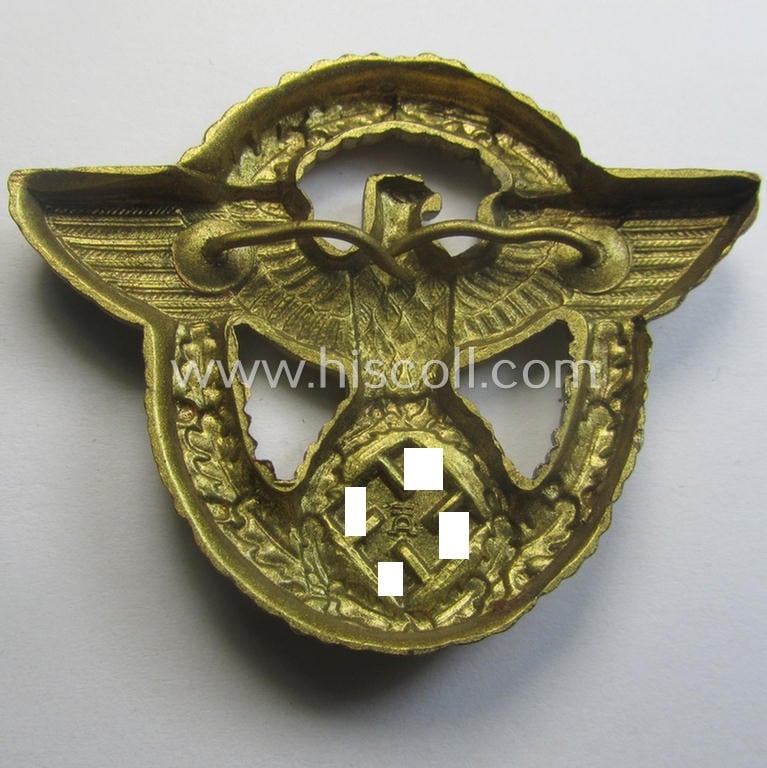 Superb, bright-golden-toned- and/or aluminium-based, 'Polizei'-visor-cap eagle, being a maker- (ie. 'HA'-) marked example as was intended for usage on the various: 'Wasserschützpolizei' (or: general-officers') visor-caps (ie. 'Schirmmützen')
