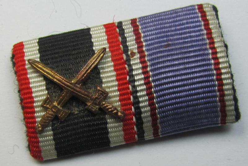 Neat two-pieced, WWII-period ribbon-bar (ie. 'Feld- o. Bandspange') as was intended for the combination: 'KvK II. Klasse mit Schwertern' and a: 'Luftschutz-Ehrenzeichen 2. Stufe'