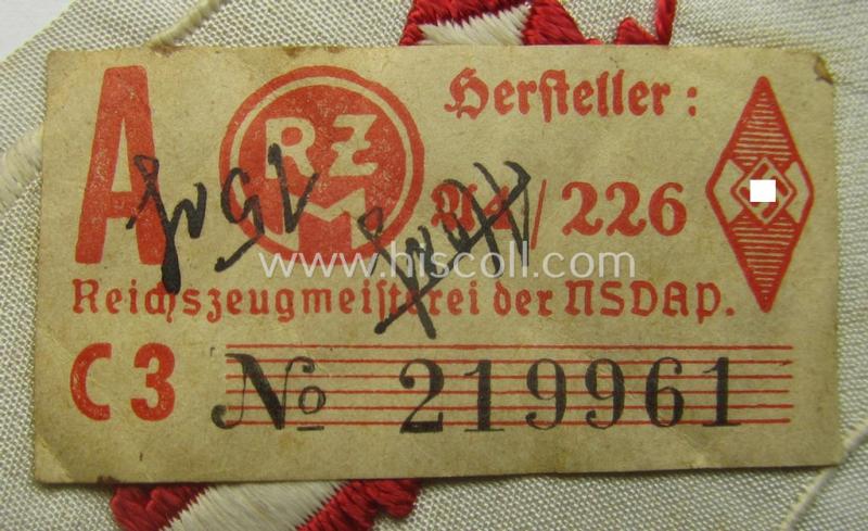 HJ/BDM (ie. 'Hitlerjugend'/'Bund Deutscher Mädel') trade- or specialist-armbadge as executed in neat 'BeVo'-weave pattern as was intended for usage by a: 'Feldscher' (or: medical orderly) still retaining its period 'RzM'-etiket