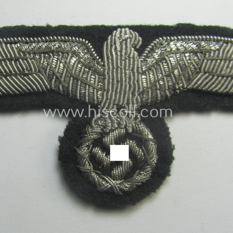 Detailed - and just moderately used! - WH (Heeres) officers'-type, hand-embroidered breast-eagle (ie. 'Brustadler für Offiziere') as executed in bright-silverish-coloured braid as was intended for usage on the various officers'-pattern tunics
