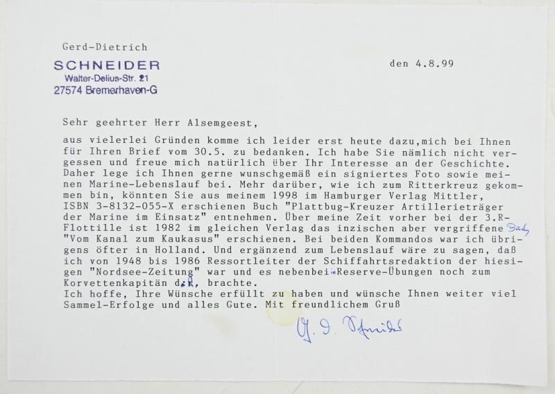 Signature of Kriegsmarine KC Recipient 'Gerd-Dietrich Schneider'