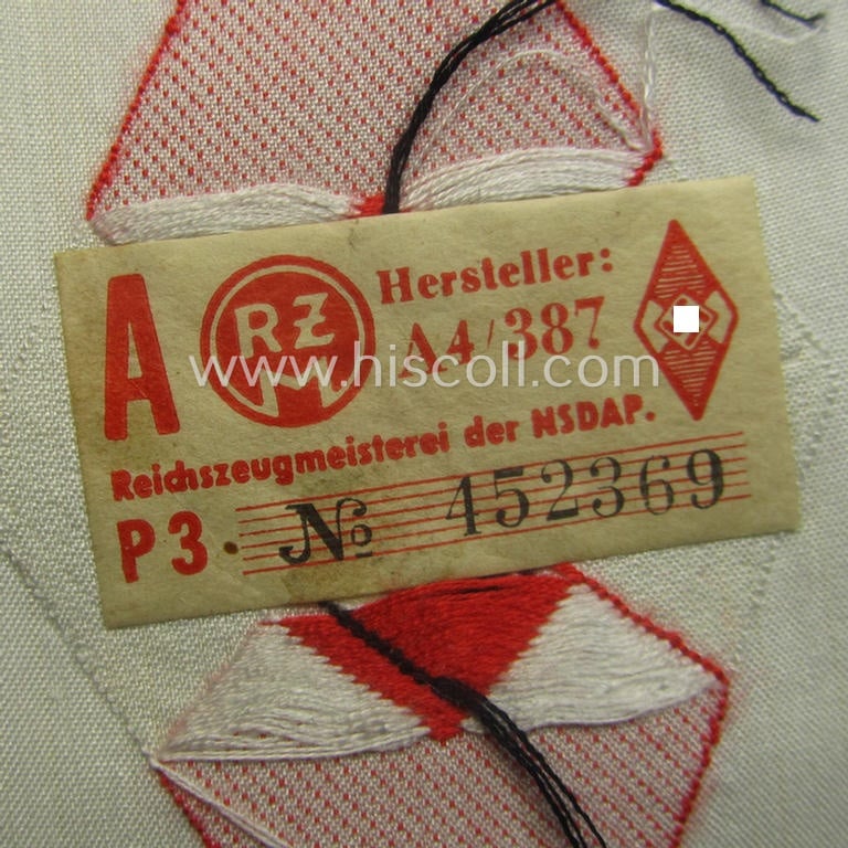 'Standard-issue'-pattern, 'Hitlerjugend'- (ie. 'Bund Deutsche Mädel) ie. HJ/BDM-related so-called: 'Ärmelraute' as executed in so-called 'BeVo'-weave pattern (being a never used- ie. 'virtually mint' example that retains its 'RzM'-etiket)